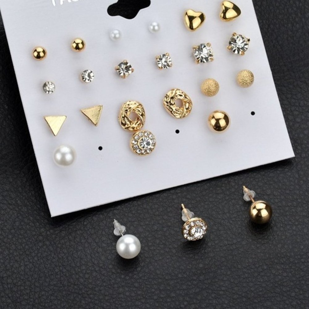 😍12 PAIR 14K GOLD SILVER SIMPLE CLASSIC CRYSTAL PEARL SPARK STUD EARRINGS, F273